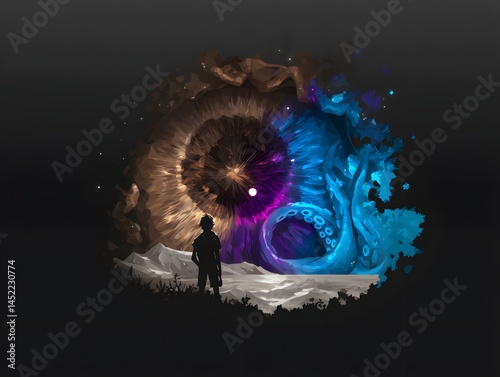 Introspective Gaze: A contemplative individual stands before an abstract, surreal visual, their silhouette highlighting the depth of thought and introspection. 