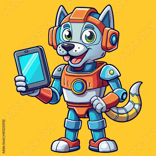 Cartoon Robot Dog Holding Tablet - Futuristic Canine Character in Blue Armor Suit with Technology Device, Sci-Fi Cyber Pet Illustration for Innovation & Design