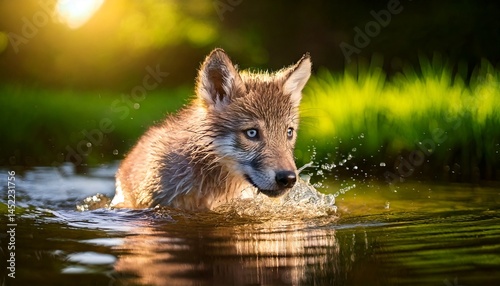 Un juguetón híbrido de lobo-cachorro, con suave pelaje marrón dorado y brillantes ojos azules, explora un estanque poco profundo y cristalino, rodeado de exuberante hierba verde y un soleado bosque de