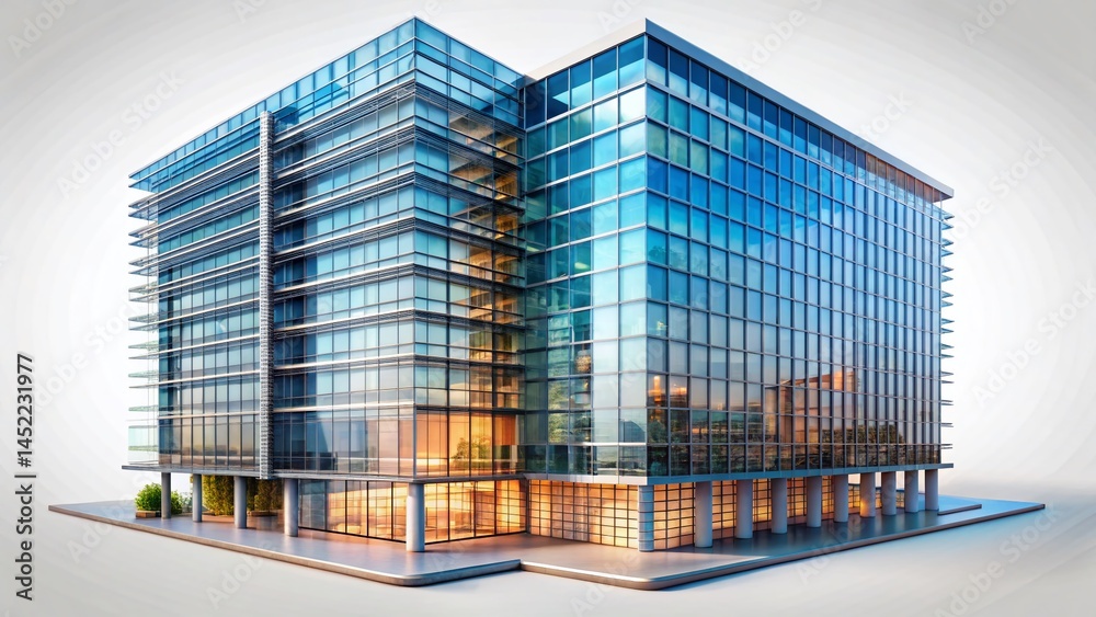 Aerial Drone View of Modern Glass Skyscraper, Cityscape Background, 3D Render PNG
