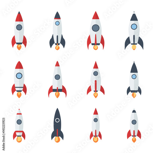 Vector set of colorful cartoon rocket icons with red and blue fins launching on white background