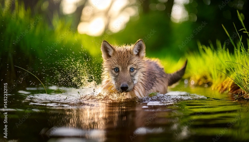Fototapeta premium Un juguetón híbrido de lobo-cachorro, con suave pelaje marrón dorado y brillantes ojos azules, explora un estanque poco profundo y cristalino, rodeado de exuberante hierba verde y un soleado bosque de
