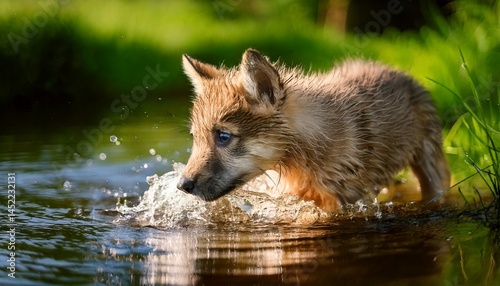 Un juguetón híbrido de lobo-cachorro, con suave pelaje marrón dorado y brillantes ojos azules, explora un estanque poco profundo y cristalino, rodeado de exuberante hierba verde y un soleado bosque de