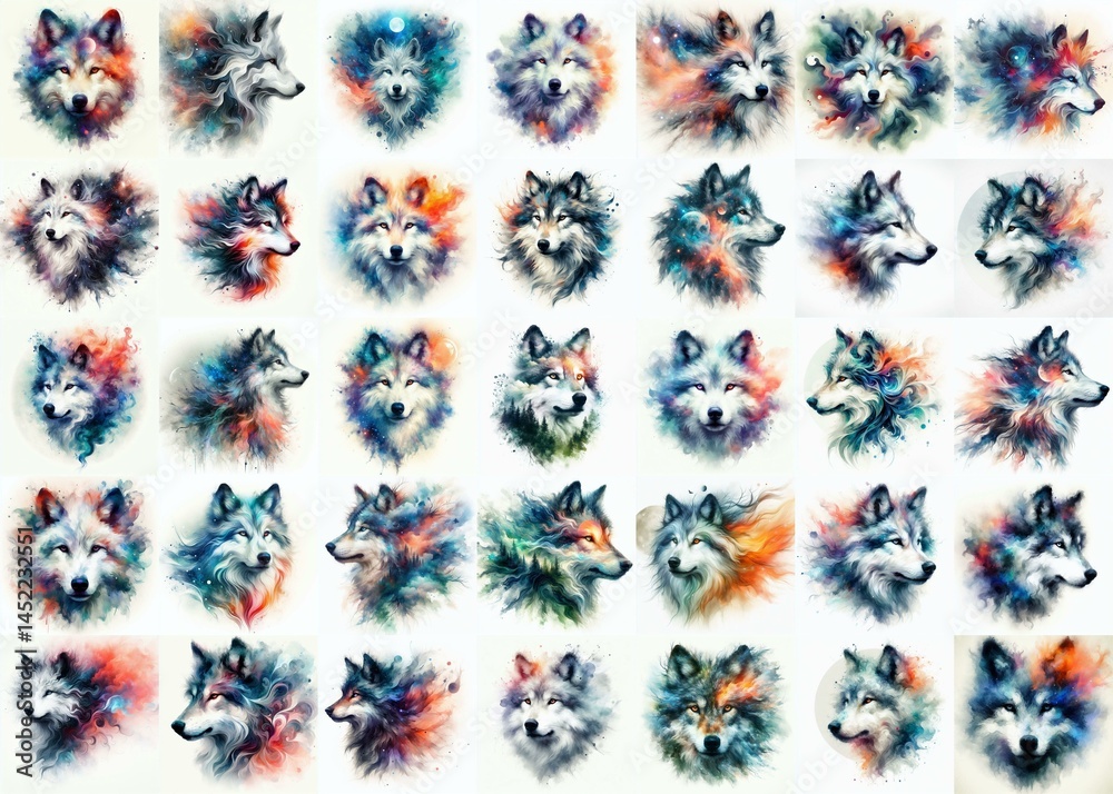 Wolf head. Double exposure watercolor . Watercolor style. AI generated illustration