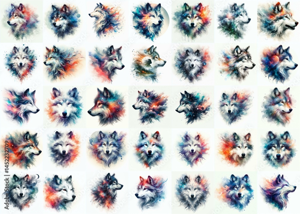 Wolf head. Double exposure watercolor . Watercolor style. AI generated illustration