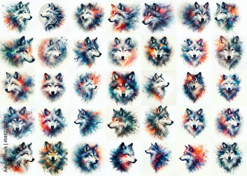 Wolf head. Double exposure watercolor . Watercolor style. AI generated illustration