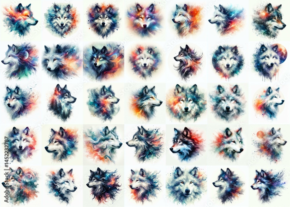 Wolf head. Double exposure watercolor . Watercolor style. AI generated illustration