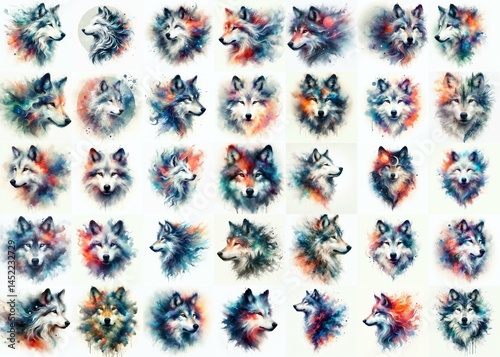 Obraz na płótnie Wolf head. Double exposure watercolor . Watercolor style. AI generated illustration w salonie