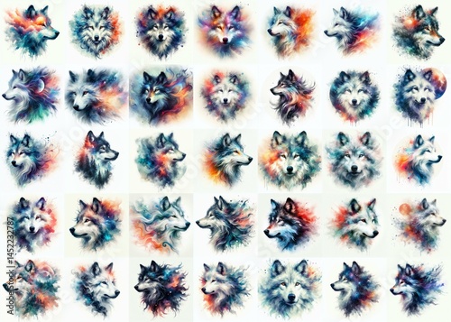Wolf head. Double exposure watercolor . Watercolor style. AI generated illustration
