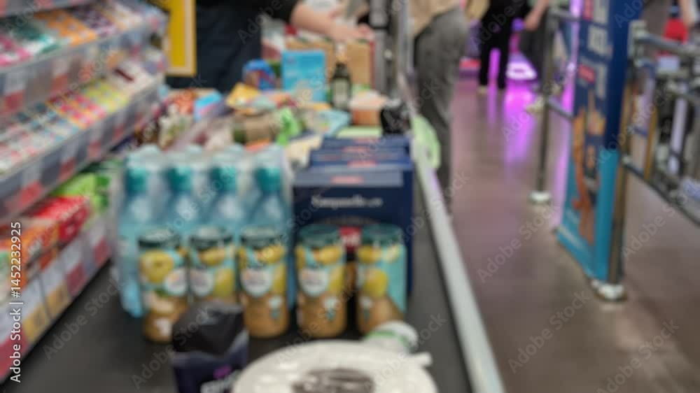 Belt with goods at the checkout in a hypermarket, a blurred image of goods and people, a cashier scans products at the checkout
