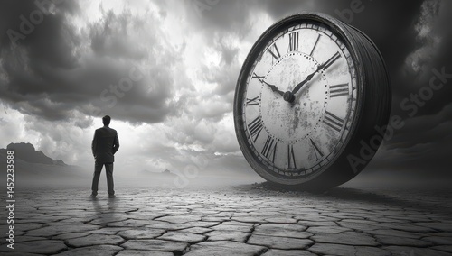 A grayscale depiction of a person facing a large clock, symbolizing time's passage.