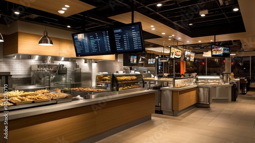 Modern fast casual dining restaurant interior featuring open kitchen design
