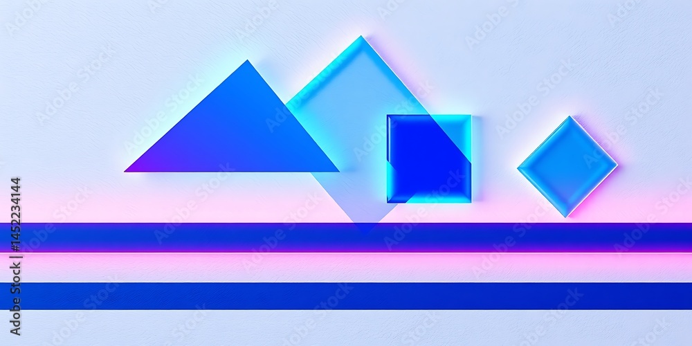 Geometric Still Life: Trio of Blue Shapes with Neon Accents on Textured White Background Geometric Still Life: Trio of Blue Shapes with Neon Accents on Textured White Background