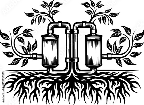 SVG visuals promoting environmental awareness and sustainable living. Greywater Recycling System with Aquatic Plants and Roots Design