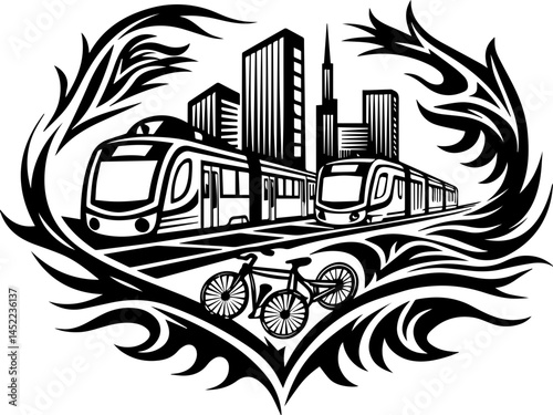 SVG visuals promoting environmental awareness and sustainable living. Urban Transport System with Public Transit and Eco-Friendly Elements