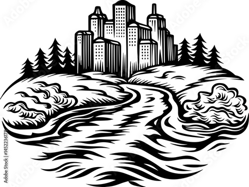 SVG visuals promoting environmental awareness and sustainable living. Scenic Riverfront View Featuring Urban Landscape and Natural Surroundings