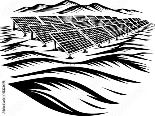 SVG visuals promoting environmental awareness and sustainable living. Solar Panel Installation in Desert Landscape with Dune Formation