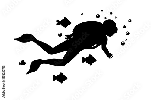 scuba diver silhouette with fish