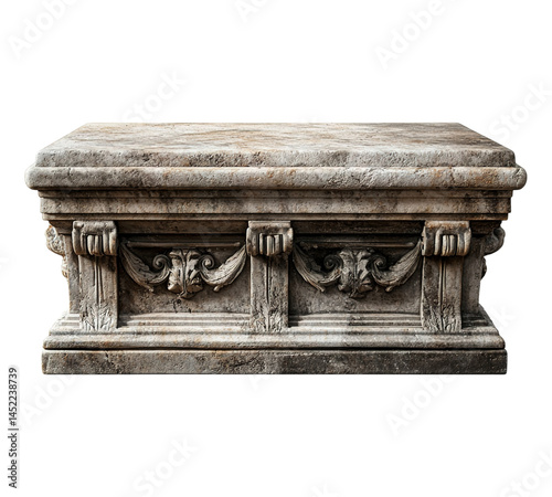 A stone bench with a carved design on it