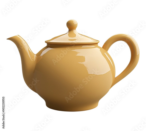 A yellow tea pot with a lid sits on a white background