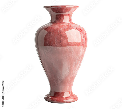 A red vase with a white base sits on a white background