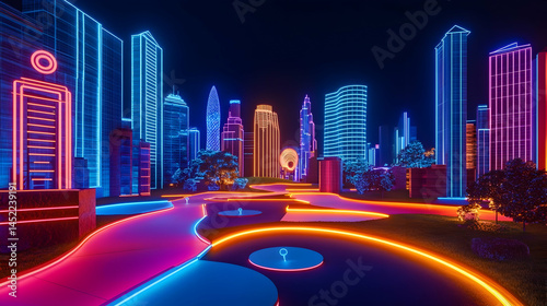 Futuristic cityscape illuminated with vibrant neon lights displaying modernity