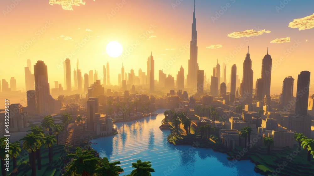 Fototapeta premium Dubai has a cool 3D look. The city center has fancy, tall buildings and a beautiful sunrise. It's in the United Arab Emirates. 