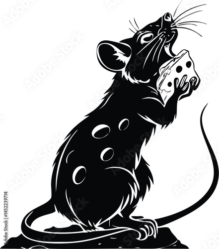 Black and White Vector Illustration of a Mouse Eating Swiss Cheese Clipart