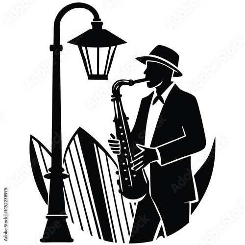 Black and White Silhouette of Jazz Saxophonist Playing Under Street Lamp Art