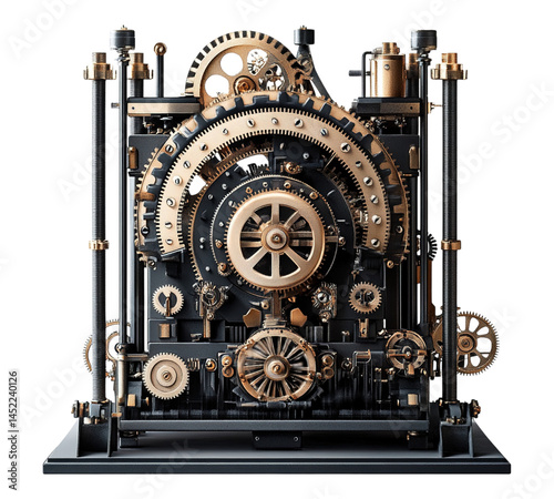 A clock with many gears and a gold and black color scheme