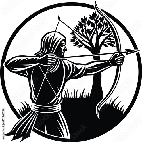 Archer with Bow and Arrow Black and White Vector Illustration in Circle Frame