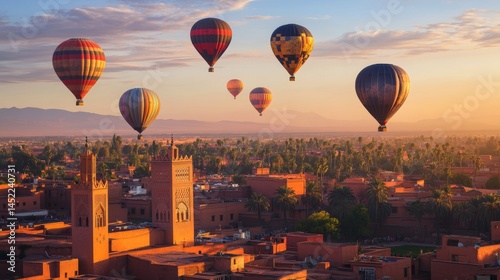 In Marrakech, Morocco, hot air balloons float over the desert as the sun comes up on April 23, 2025. It's a calm and free scene with beautiful views.
