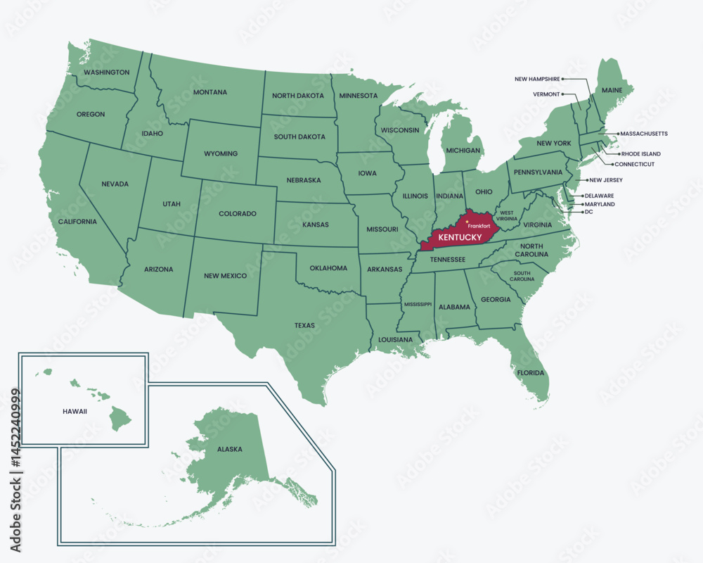 Fototapeta premium Map of USA, Highlighted at Kentucky State, with State border and capital