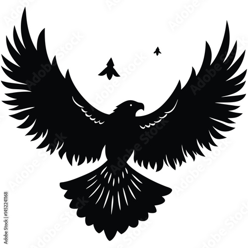 Black Silhouette Eagle Flying with Open Wings Vector Graphic Illustration