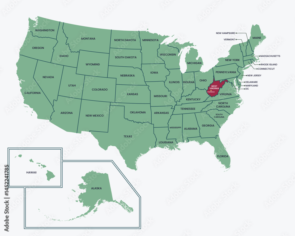 Obraz premium Map of USA, Highlighted at West Virginia State, with State border and capital