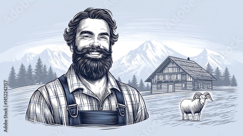 Happy Shepherd with Alpine Farm, and Mountain View.