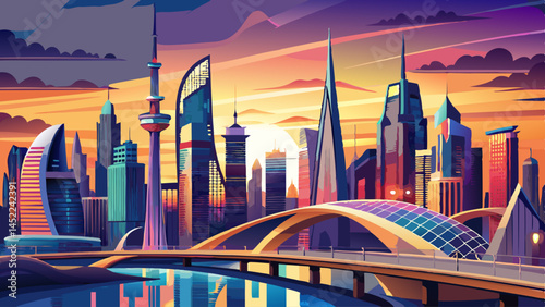 colorful sunset over Dubai Downtown skyscrapers and the newly built Tolerance bridge as viewed from the Dubai water canal