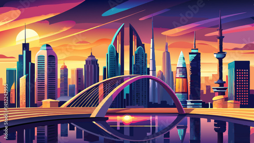 colorful sunset over Dubai Downtown skyscrapers and the newly built Tolerance bridge as viewed from the Dubai water canal