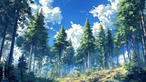 Tall pine trees cover a forest hill under a blue sky. It's a great natural image for topics like nature, hiking, and outdoor activities.
