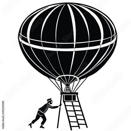 Vintage Hot Air Balloon Illustration: Man Holding Rope, Black and White Graphic Art
