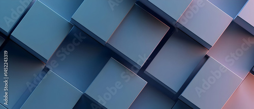 Abstract geometric pattern of overlapping, light-blue cubes.  A  3D,  stacked  arrangement  of  squares,  creating a  visual  illusion  of depth and dimension photo