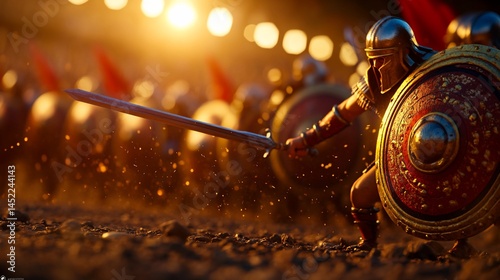 Ancient warriors clashing swords in a fierce battle under the sunset photo