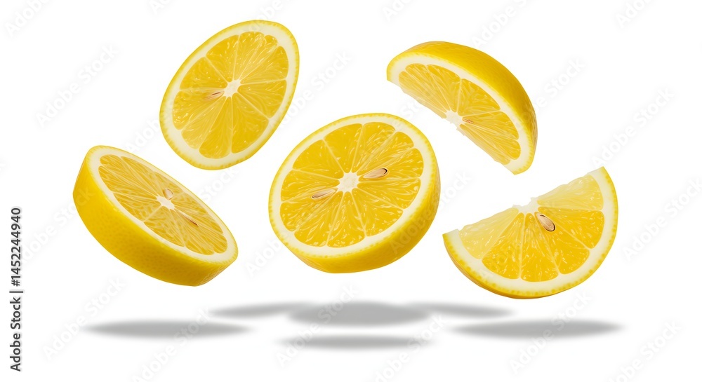 Sliced lemons levitating with shadows, white background Sliced lemons levitating with shadows, white background
