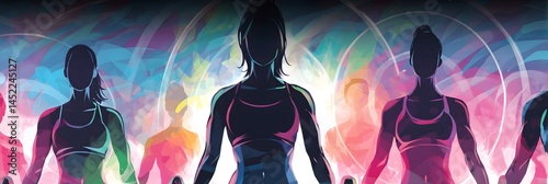 Harmony in Movement: Silhouette figures engaged in a dynamic fitness class, the vibrant use of color in this digital artwork highlights the energy, enthusiasm, and well-being of the participants.