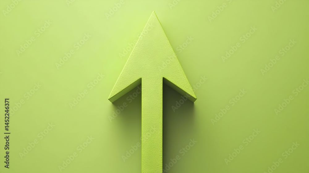 Upward-pointing arrow on a light lime green background. Detailed 3D rendering of a light lime green arrow pointing straight up against a solid lime green backdrop Upward-pointing arrow on a light lime green background. Detailed 3D rendering of a light lime green arrow pointing straight up against a solid lime green backdrop