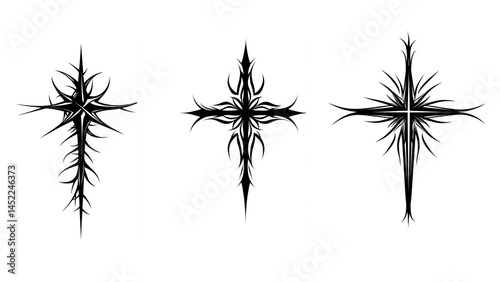 A set of three Cybersigilism, tribal, fine art style design of the religious cross