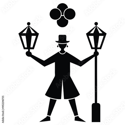 Silhouette of a Lamplighter with Lanterns and Top Hat, Vintage Graphic Art