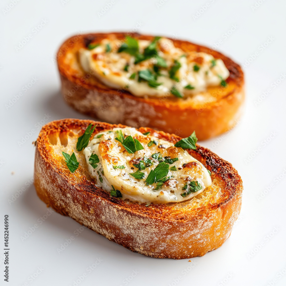 Close-up of golden, crispy garlic bread with a rich butter-garlic spread, garnished with fresh parsley, isolated on a white background Close-up of golden, crispy garlic bread with a rich butter-garlic spread, garnished with fresh parsley, isolated on a white background