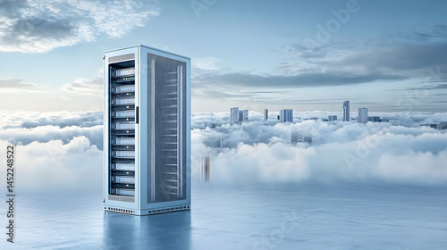 Server rack situated atop a cloud formation, overlooking a cityscape.  Modern, futuristic server cabinet