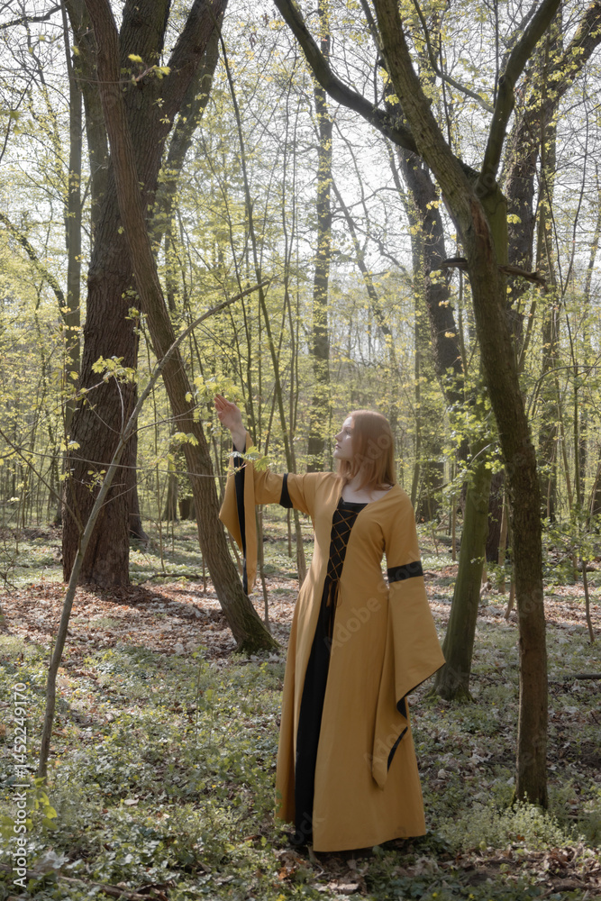 young woman in medieval dress in spring forest